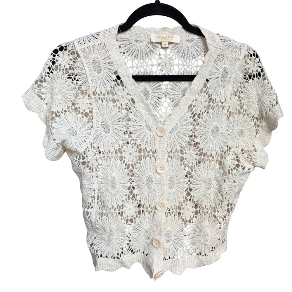 Rebellion Crochet Cardigan Cream Boho Floral Open Knit Button Front Size M - Picture 3 of 9